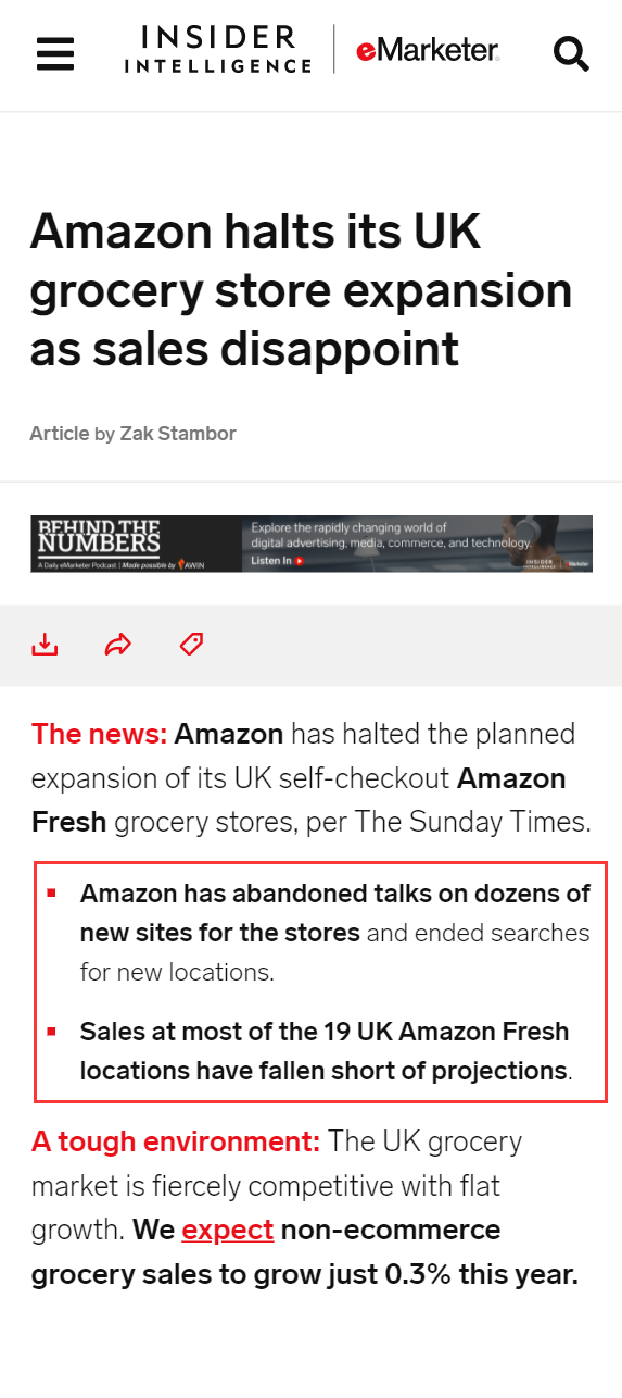 亚马逊暂停扩张英国生鲜杂货店业务